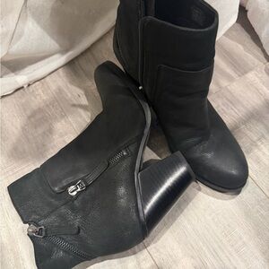 Women's Black Leather Ankle Booties with Stacked Block Heel